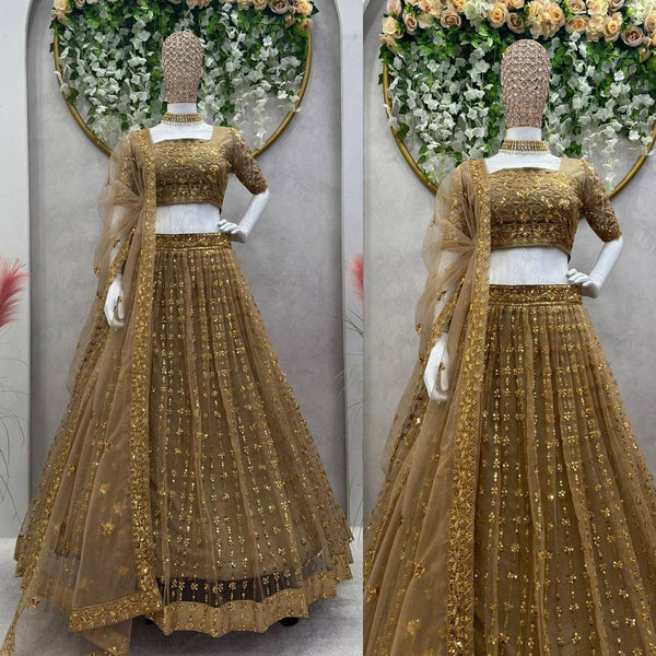 Wedding Wear Golden Color Sequence Work Butterfly Net Lehenga Choli