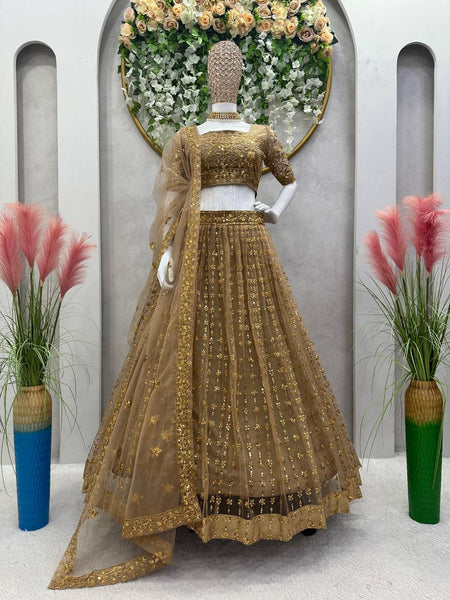 Wedding Wear Golden Color Sequence Work Butterfly Net Lehenga Choli