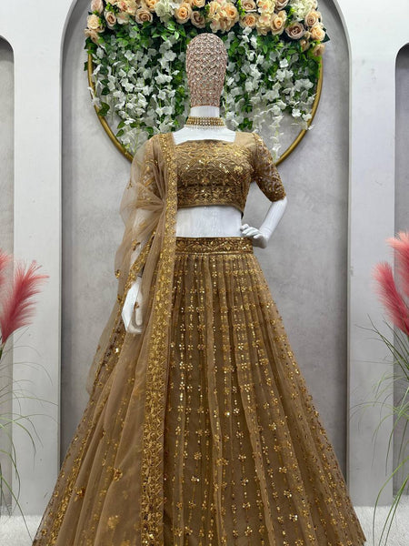 Wedding Wear Golden Color Sequence Work Butterfly Net Lehenga Choli