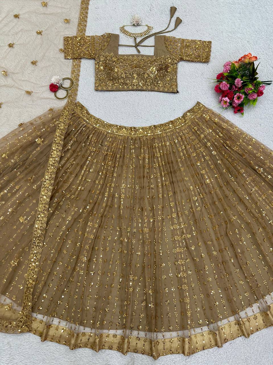 Wedding Wear Golden Color Sequence Work Butterfly Net Lehenga Choli