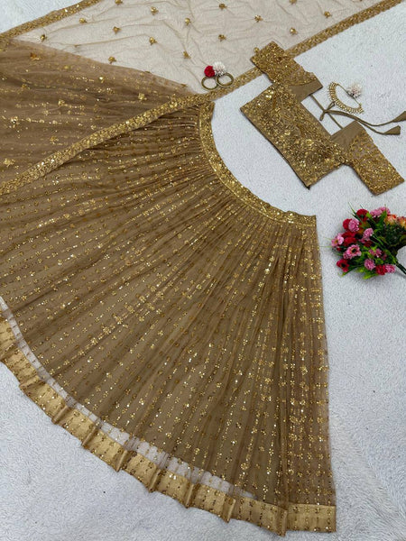 Wedding Wear Golden Color Sequence Work Butterfly Net Lehenga Choli