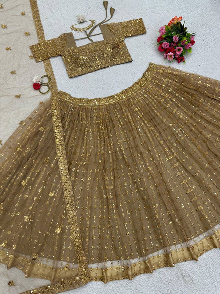 Wedding Wear Golden Color Sequence Work Butterfly Net Lehenga Choli