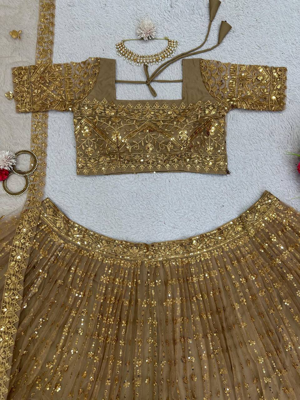 Wedding Wear Golden Color Sequence Work Butterfly Net Lehenga Choli