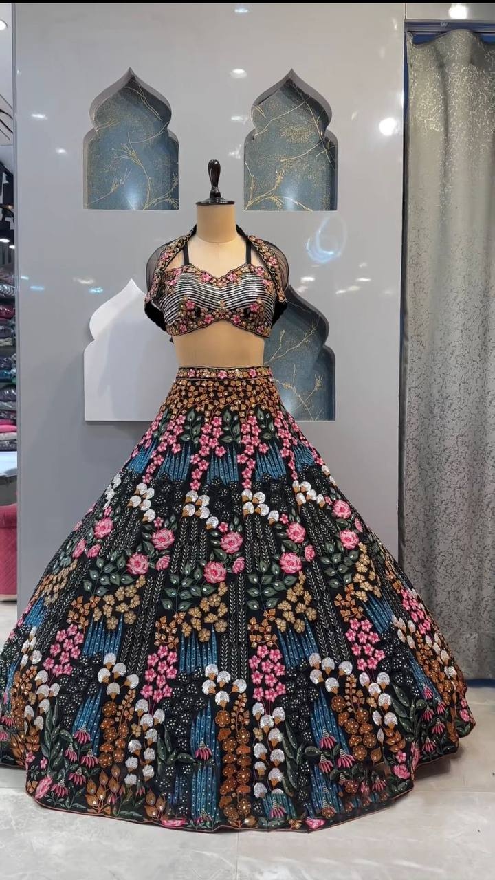Trendy Black Color Georgette Sequence Work Wedding Wear Koti Lehenga Choli