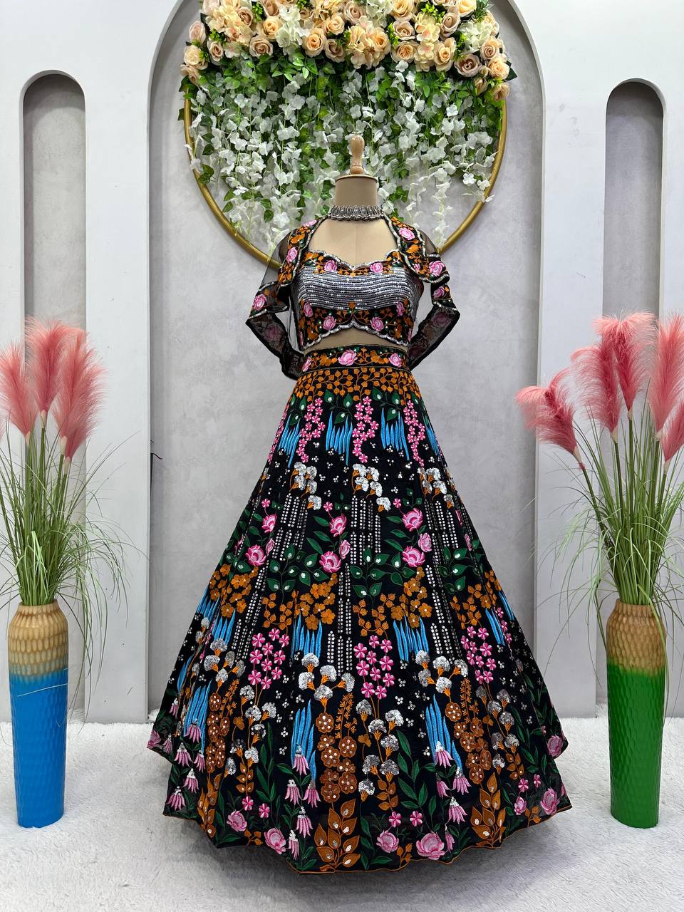 Trendy Black Color Georgette Sequence Work Wedding Wear Koti Lehenga Choli