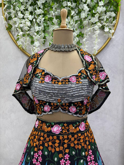 Trendy Black Color Georgette Sequence Work Wedding Wear Koti Lehenga Choli