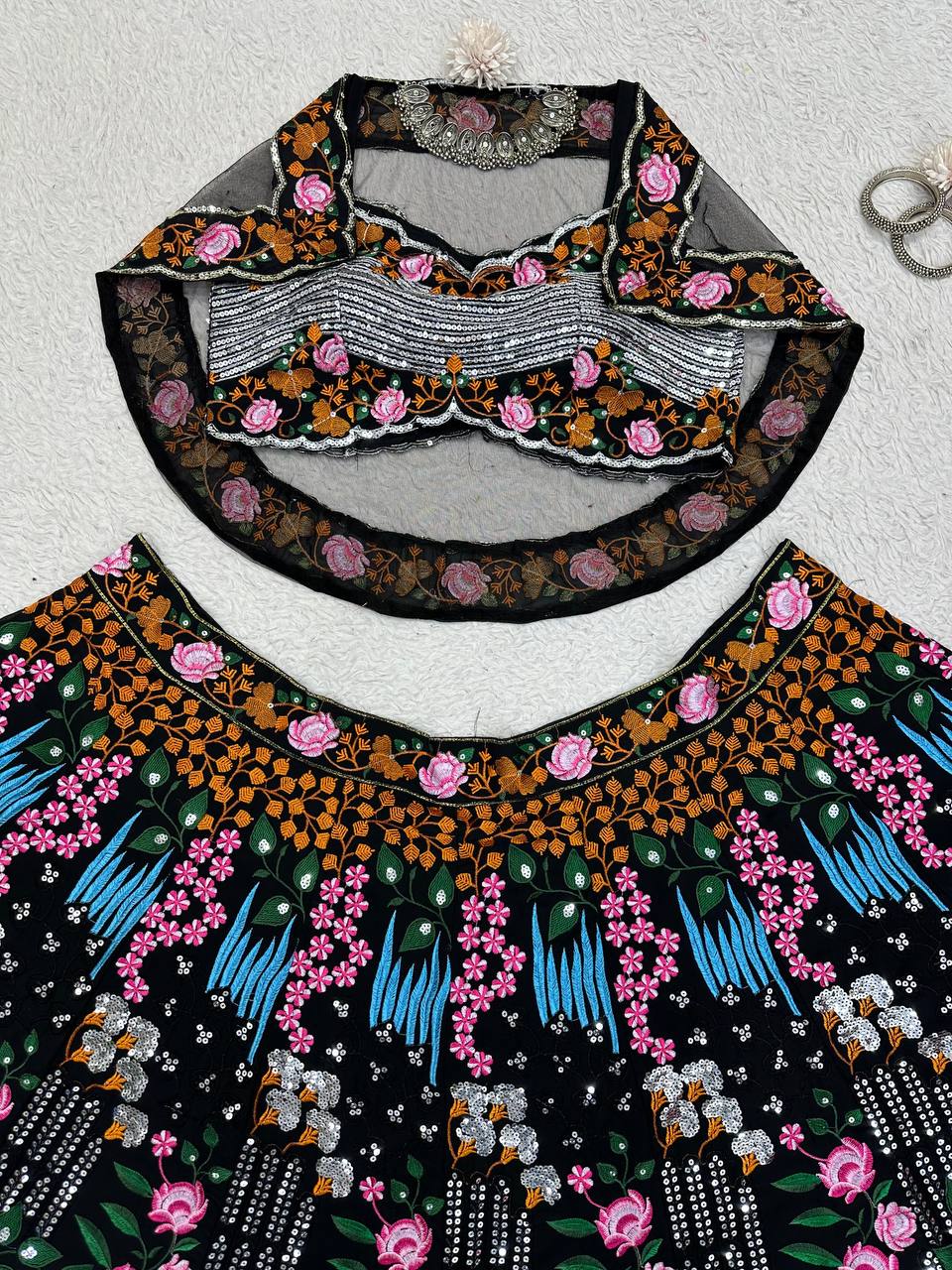 Trendy Black Color Georgette Sequence Work Wedding Wear Koti Lehenga Choli