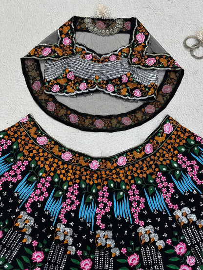 Trendy Black Color Georgette Sequence Work Wedding Wear Koti Lehenga Choli