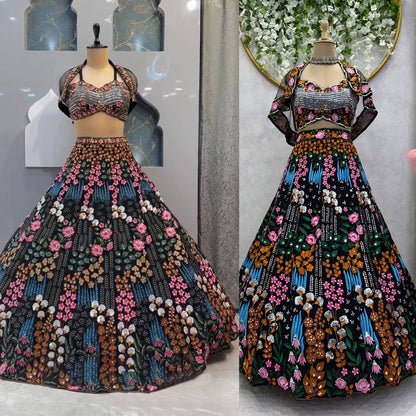 Trendy Black Color Georgette Sequence Work Wedding Wear Koti Lehenga Choli
