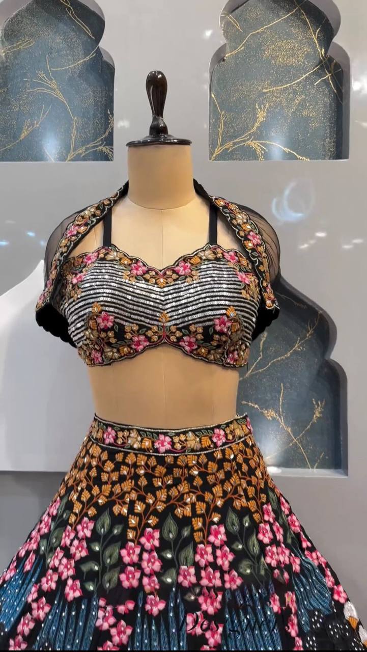 Trendy Black Color Georgette Sequence Work Wedding Wear Koti Lehenga Choli