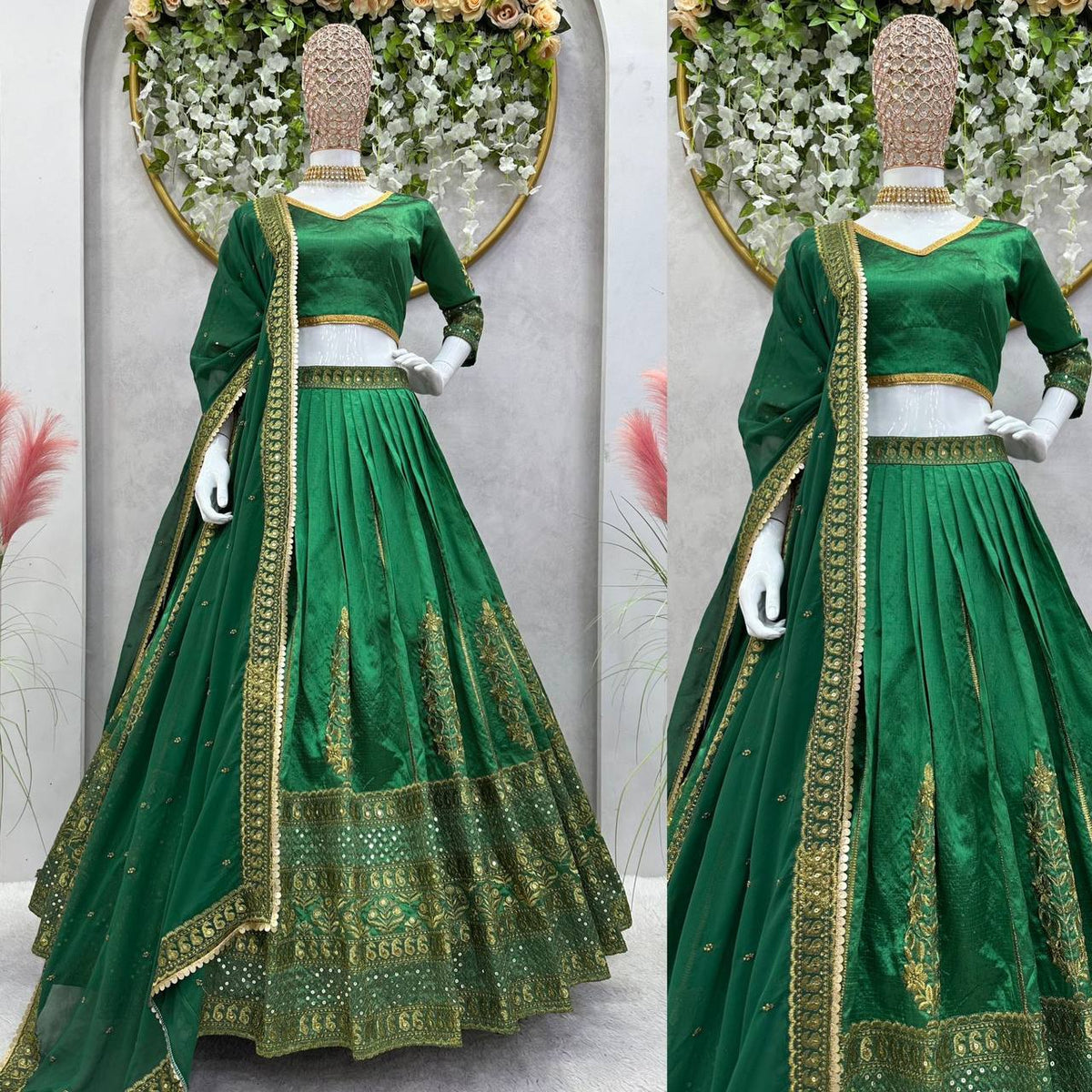 Wedding Wear Green Color Malbari Silk Sequence Work Lehenga Choli
