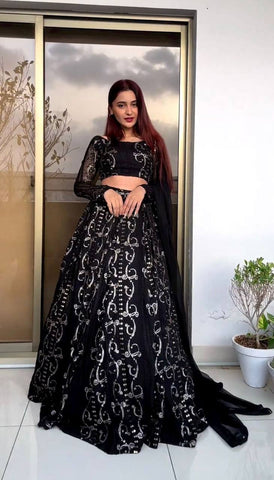 Trendy Black Color Georgette Sequence Work Lehenga Choli