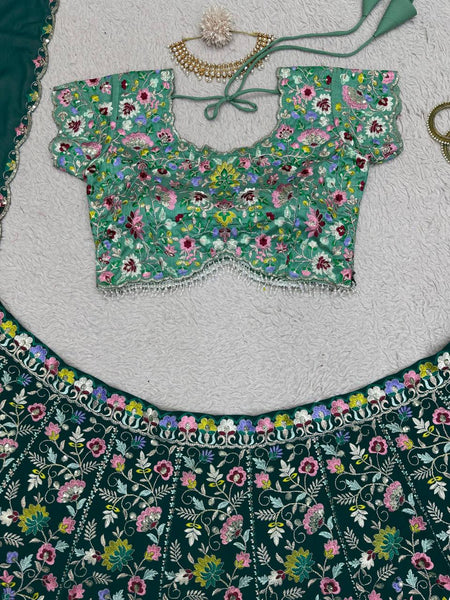 Gorgeous Green Color Georgette Sequence Work Lehenga Choli For Wedding Wear