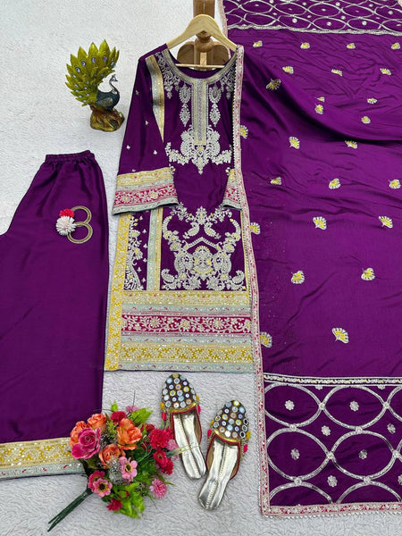 Elegant Wine Color Chinon Silk Sequence Work Ready Made Salwar Suit