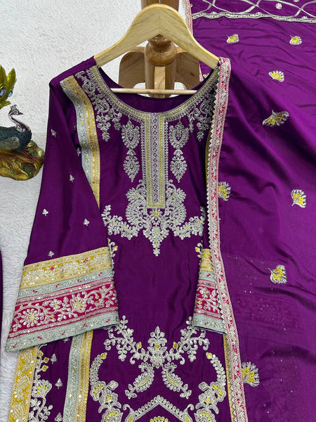 Elegant Wine Color Chinon Silk Sequence Work Ready Made Salwar Suit