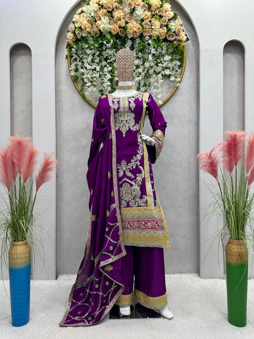 Elegant Wine Color Chinon Silk Sequence Work Ready Made Salwar Suit