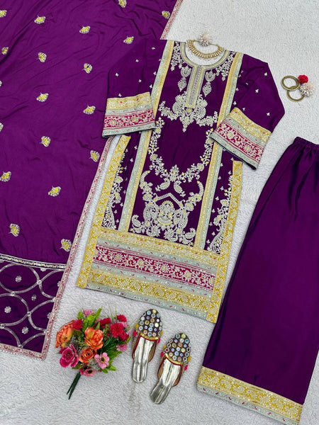 Elegant Wine Color Chinon Silk Sequence Work Ready Made Salwar Suit