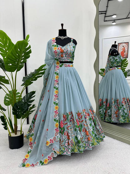 Wedding Wear Grey Color Tabby Organza Multi Thread Work Lehenga Choli