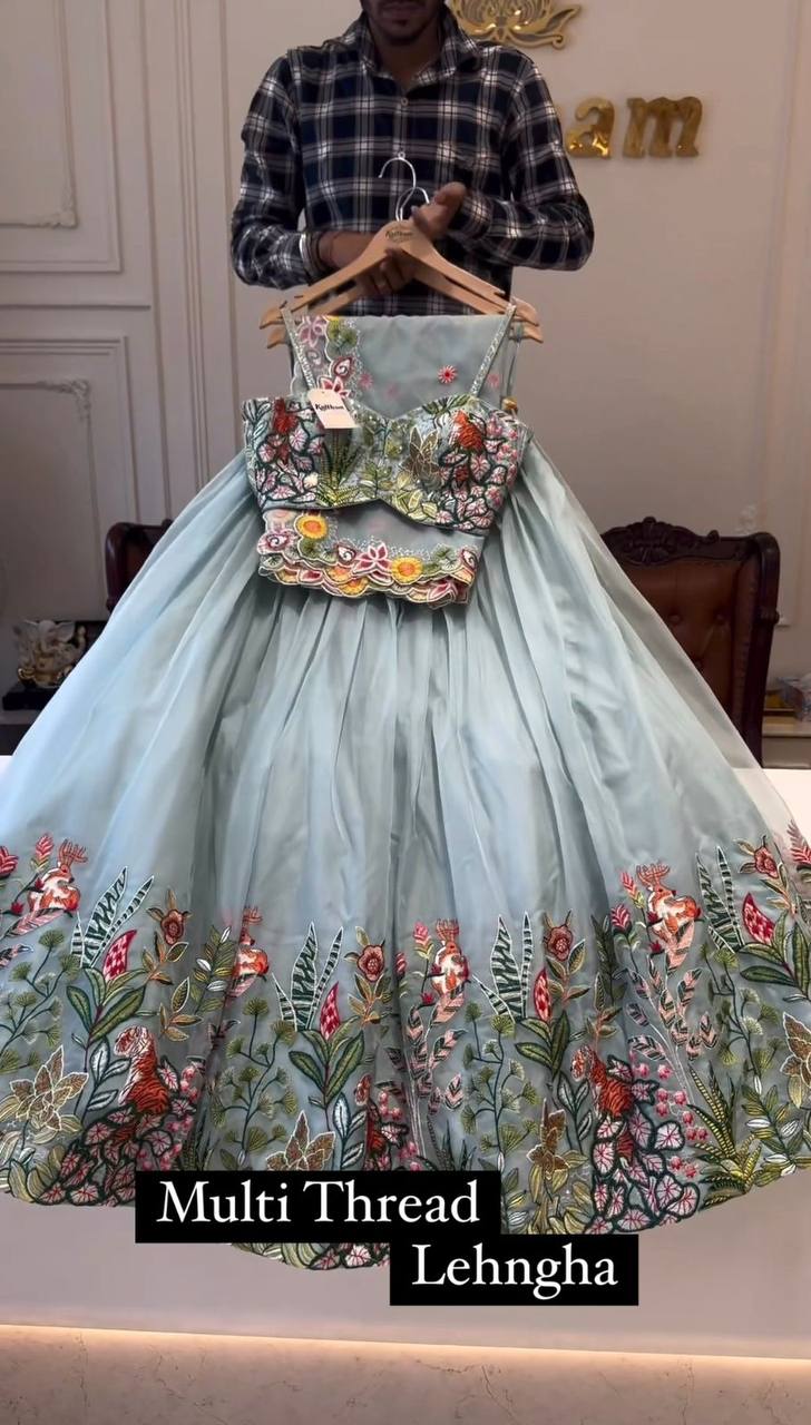 Wedding Wear Grey Color Tabby Organza Multi Thread Work Lehenga Choli