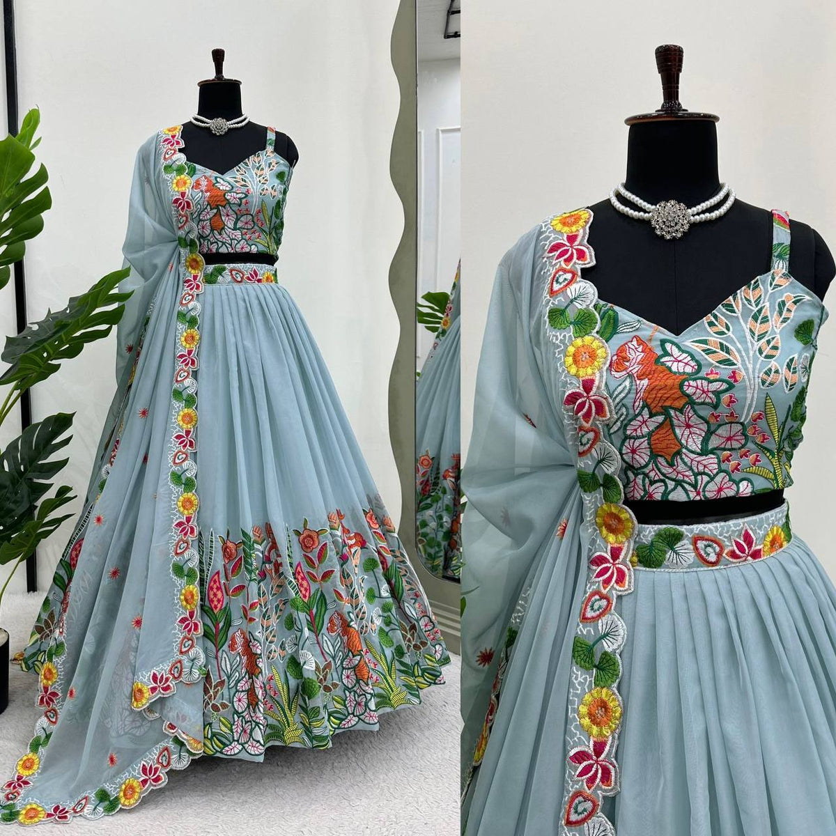 Wedding Wear Grey Color Tabby Organza Multi Thread Work Lehenga Choli