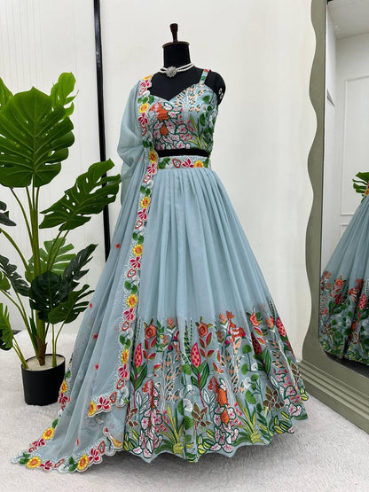 Wedding Wear Grey Color Tabby Organza Multi Thread Work Lehenga Choli