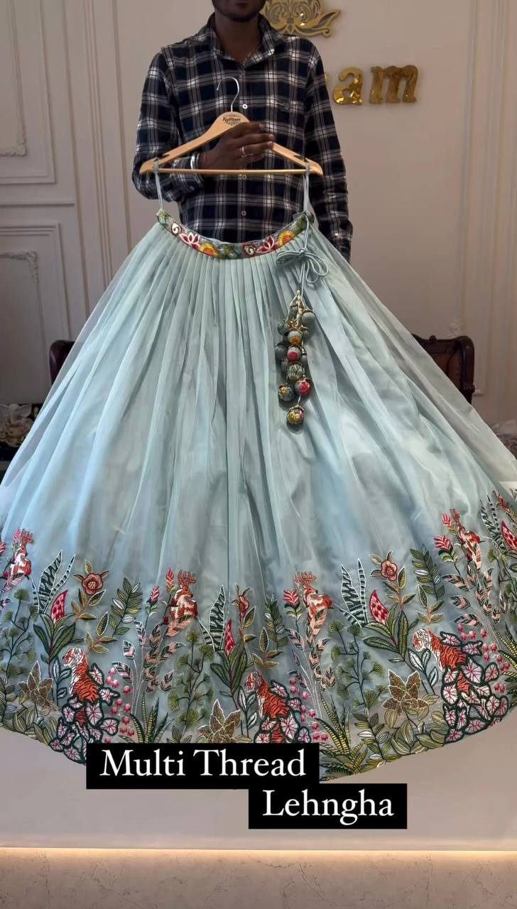 Wedding Wear Grey Color Tabby Organza Multi Thread Work Lehenga Choli