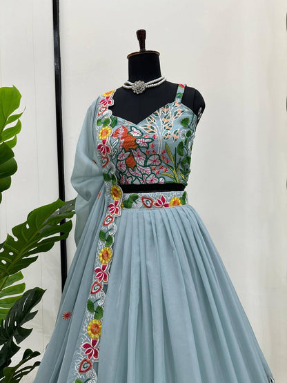 Wedding Wear Grey Color Tabby Organza Multi Thread Work Lehenga Choli