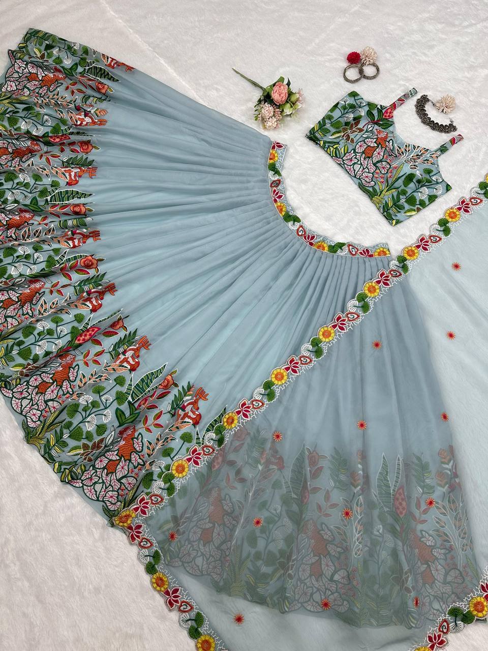 Wedding Wear Grey Color Tabby Organza Multi Thread Work Lehenga Choli