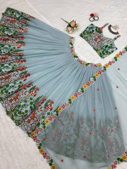 Wedding Wear Grey Color Tabby Organza Multi Thread Work Lehenga Choli
