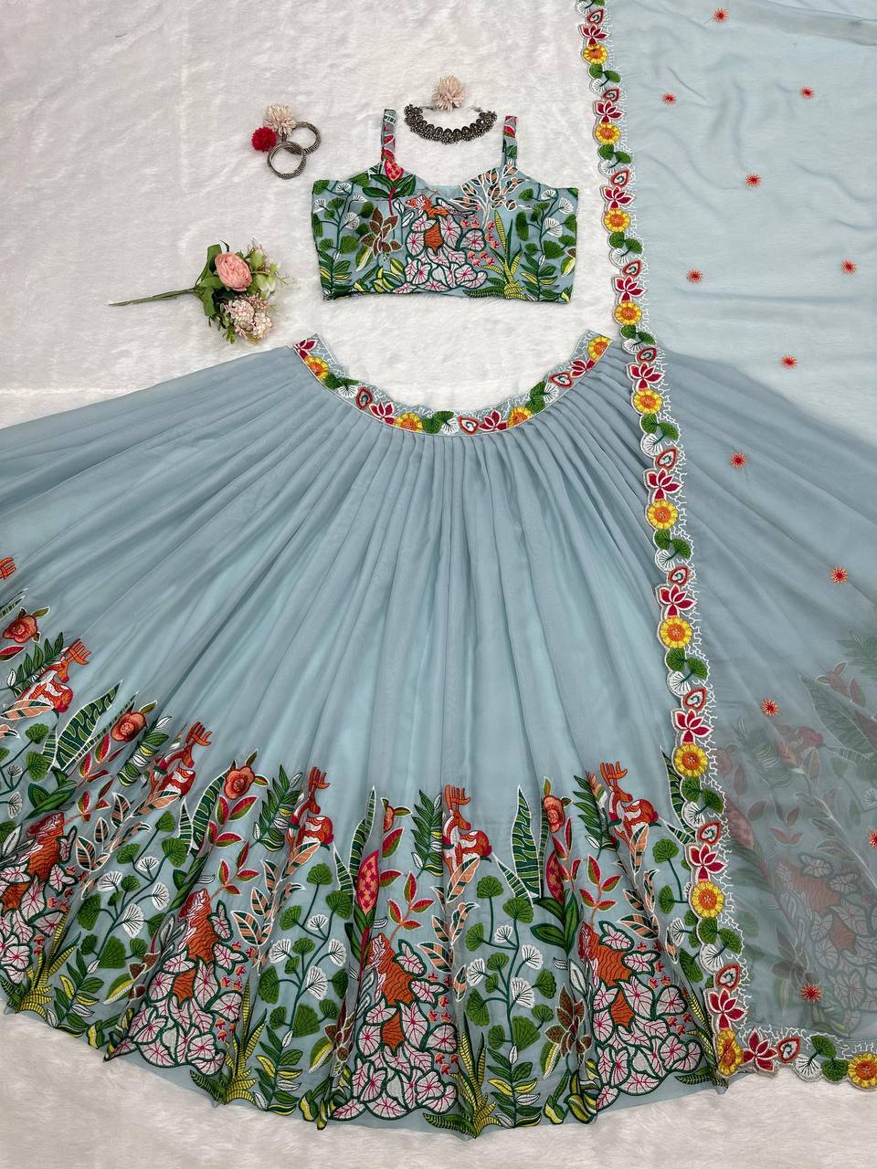 Wedding Wear Grey Color Tabby Organza Multi Thread Work Lehenga Choli