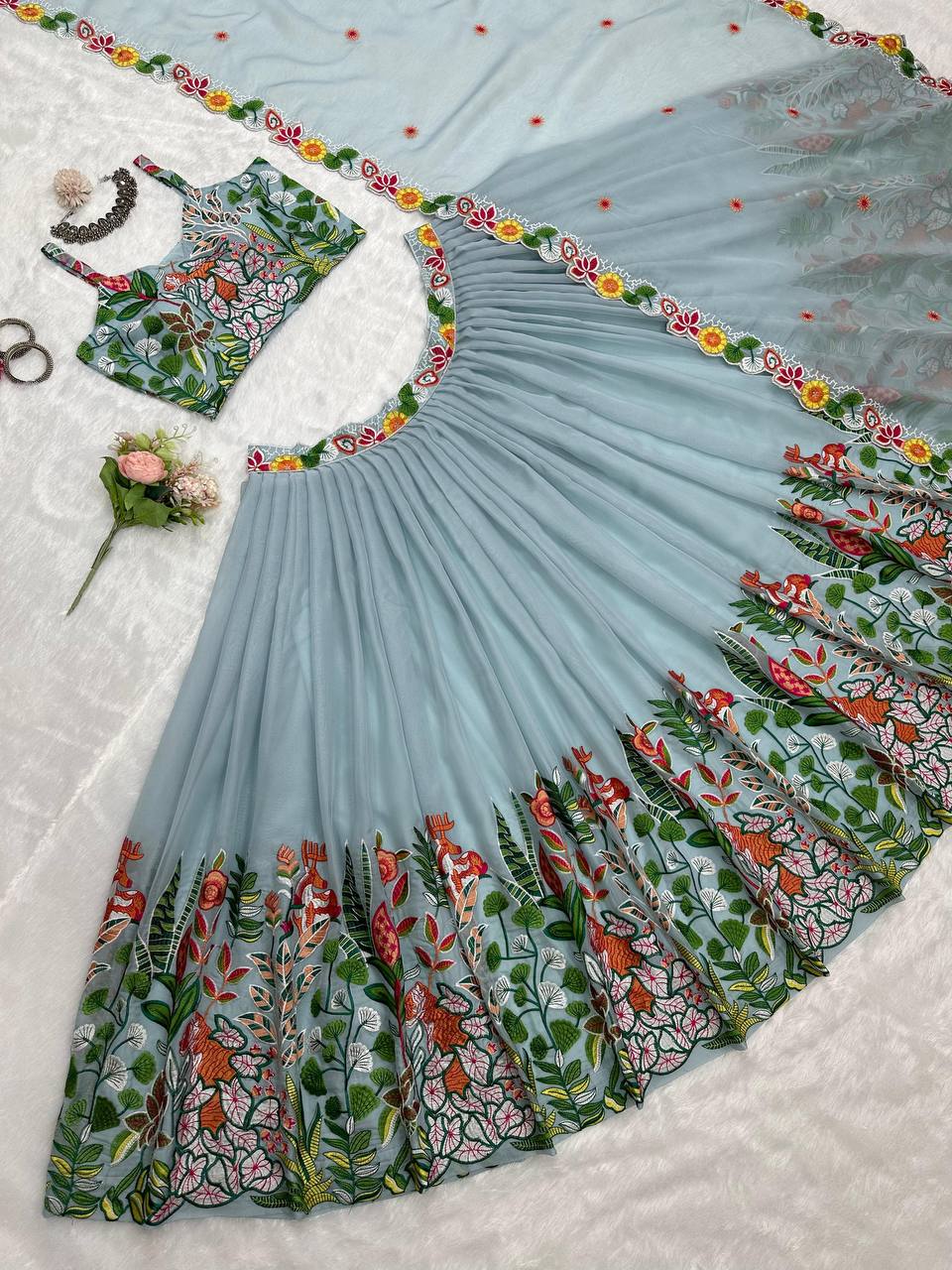 Wedding Wear Grey Color Tabby Organza Multi Thread Work Lehenga Choli