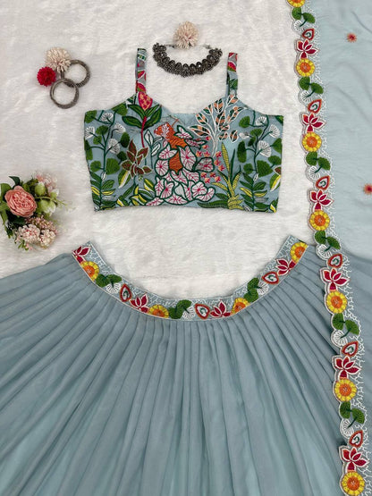 Wedding Wear Grey Color Tabby Organza Multi Thread Work Lehenga Choli