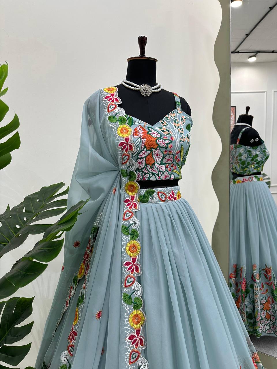 Wedding Wear Grey Color Tabby Organza Multi Thread Work Lehenga Choli