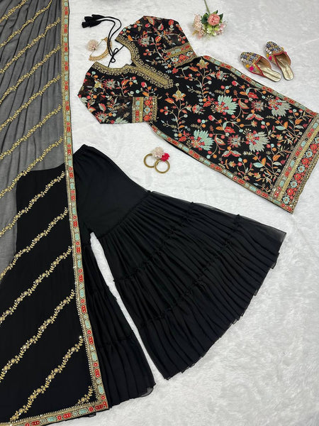 Designer Black Color Georgette Sequence Work Ready Made Sharara Suit