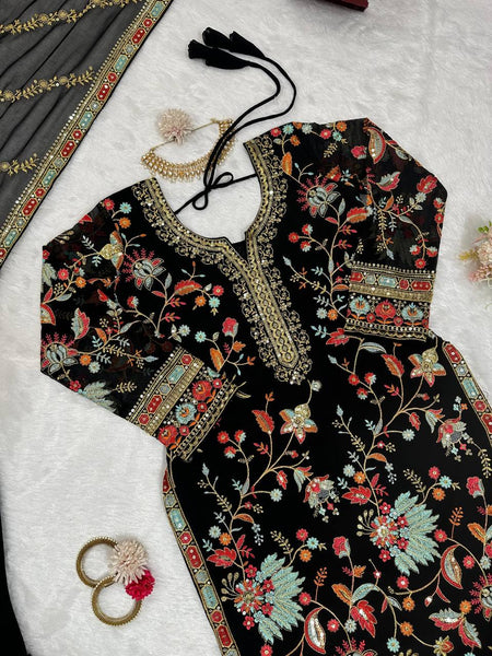 Designer Black Color Georgette Sequence Work Ready Made Sharara Suit