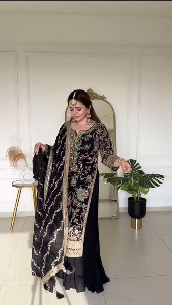 Designer Black Color Georgette Sequence Work Ready Made Sharara Suit