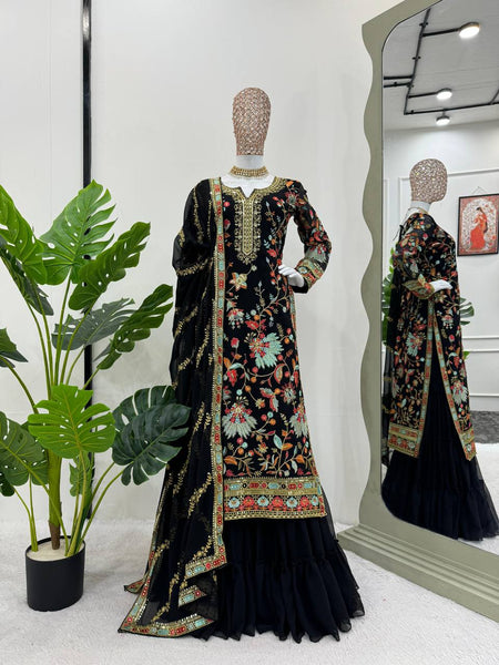 Designer Black Color Georgette Sequence Work Ready Made Sharara Suit