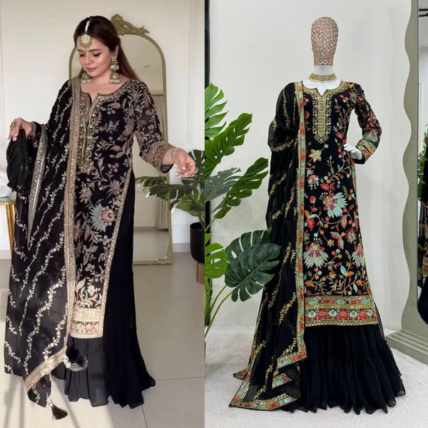 Designer Black Color Georgette Sequence Work Ready Made Sharara Suit