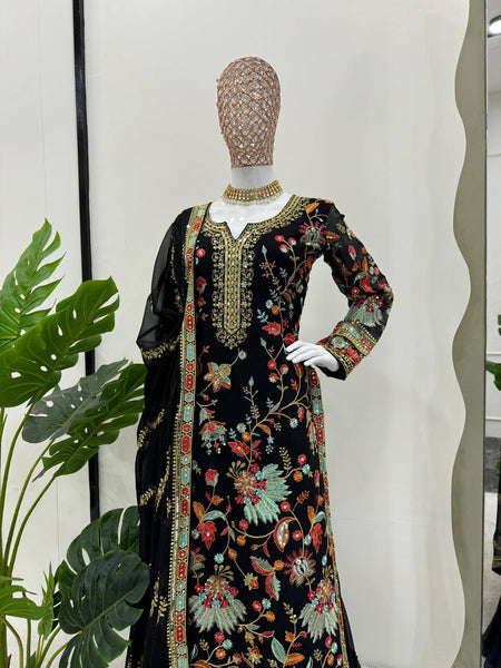 Designer Black Color Georgette Sequence Work Ready Made Sharara Suit