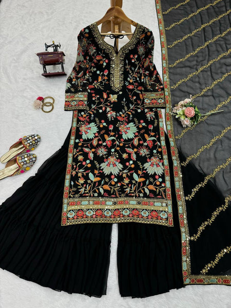 Designer Black Color Georgette Sequence Work Ready Made Sharara Suit