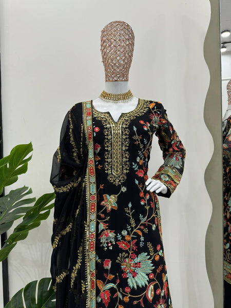 Designer Black Color Georgette Sequence Work Ready Made Sharara Suit