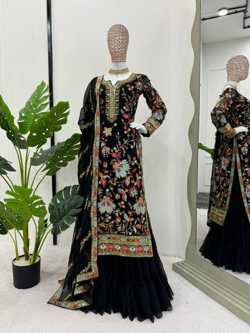 Designer Black Color Georgette Sequence Work Ready Made Sharara Suit