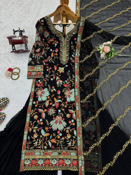 Designer Black Color Georgette Sequence Work Ready Made Sharara Suit