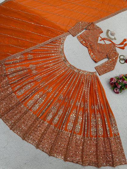 Orange Color Georgette Sequence Thread Work Lehenga Choli