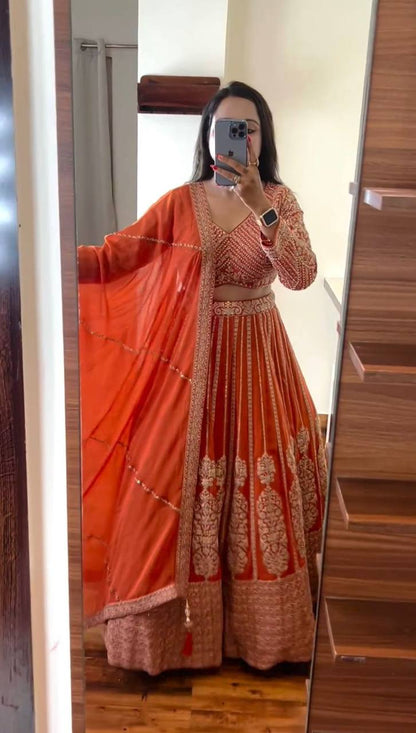 Orange Color Georgette Sequence Thread Work Lehenga Choli