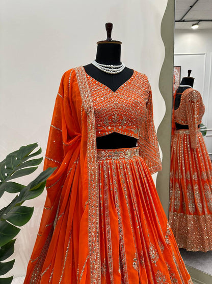 Orange Color Georgette Sequence Thread Work Lehenga Choli