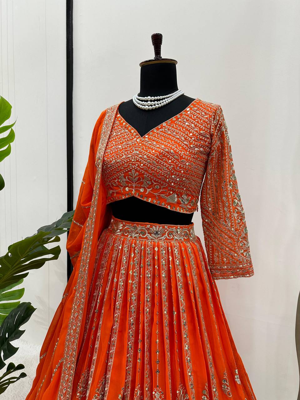 Orange Color Georgette Sequence Thread Work Lehenga Choli