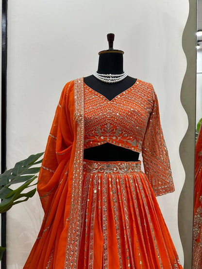 Orange Color Georgette Sequence Thread Work Lehenga Choli