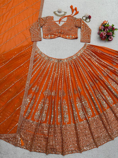 Orange Color Georgette Sequence Thread Work Lehenga Choli