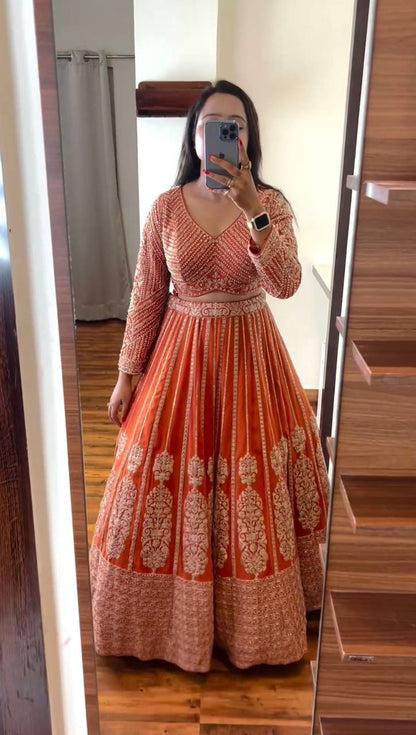 Orange Color Georgette Sequence Thread Work Lehenga Choli